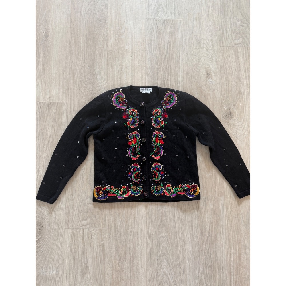 Jack B Quick Cardigan Womens M Black Embroidered Beaded Sequin Floral Vintage